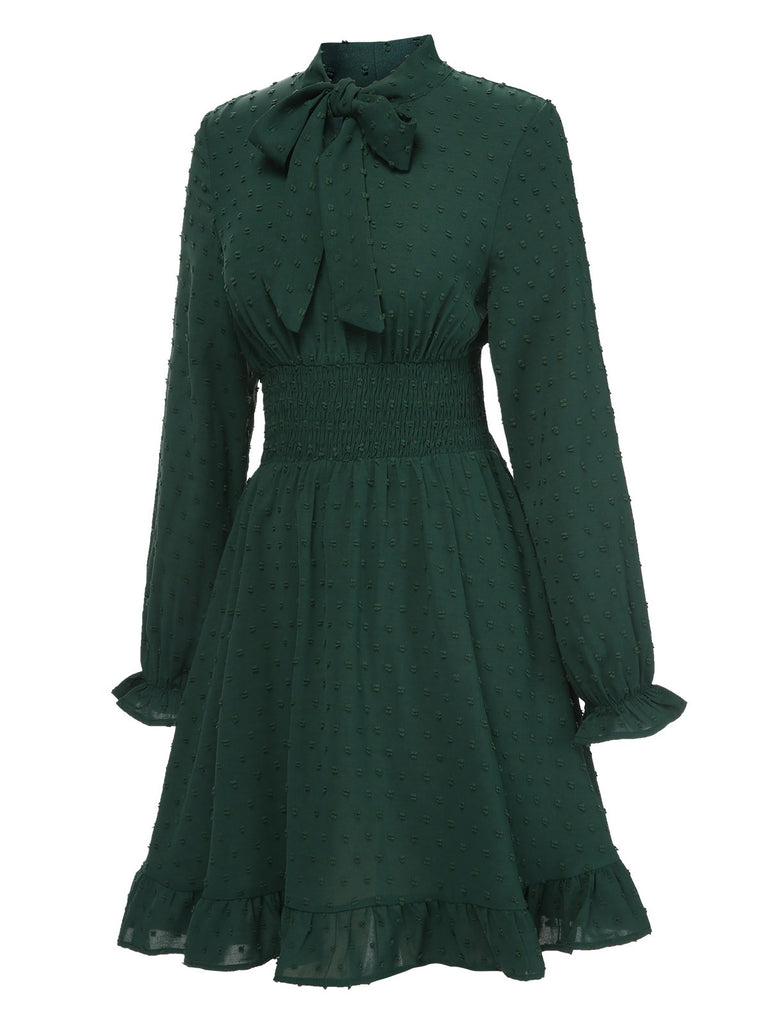 Green 1940s Solid Textured Bow Collar Dress