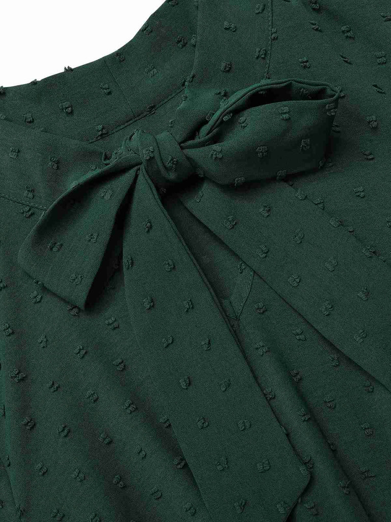 Green 1940s Solid Textured Bow Collar Dress