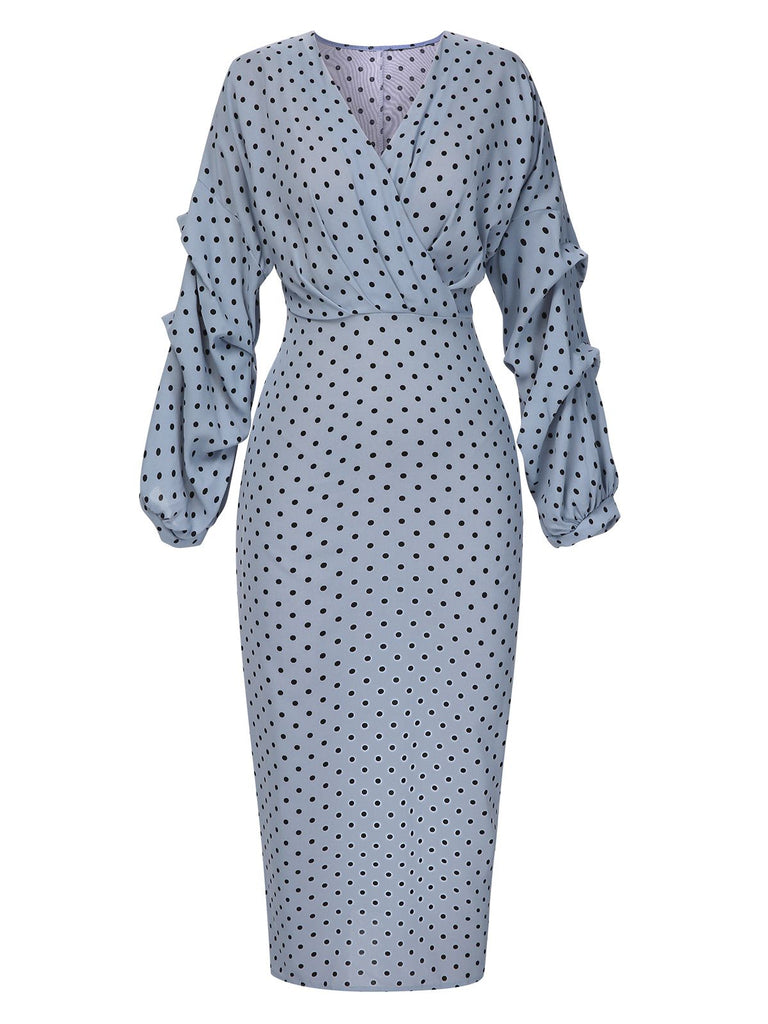 Blue 1960s Polka Dot V-Neck Pencil Dress