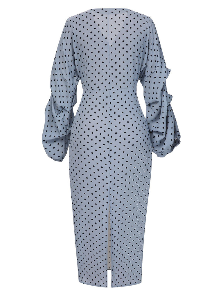 Blue 1960s Polka Dot V-Neck Pencil Dress