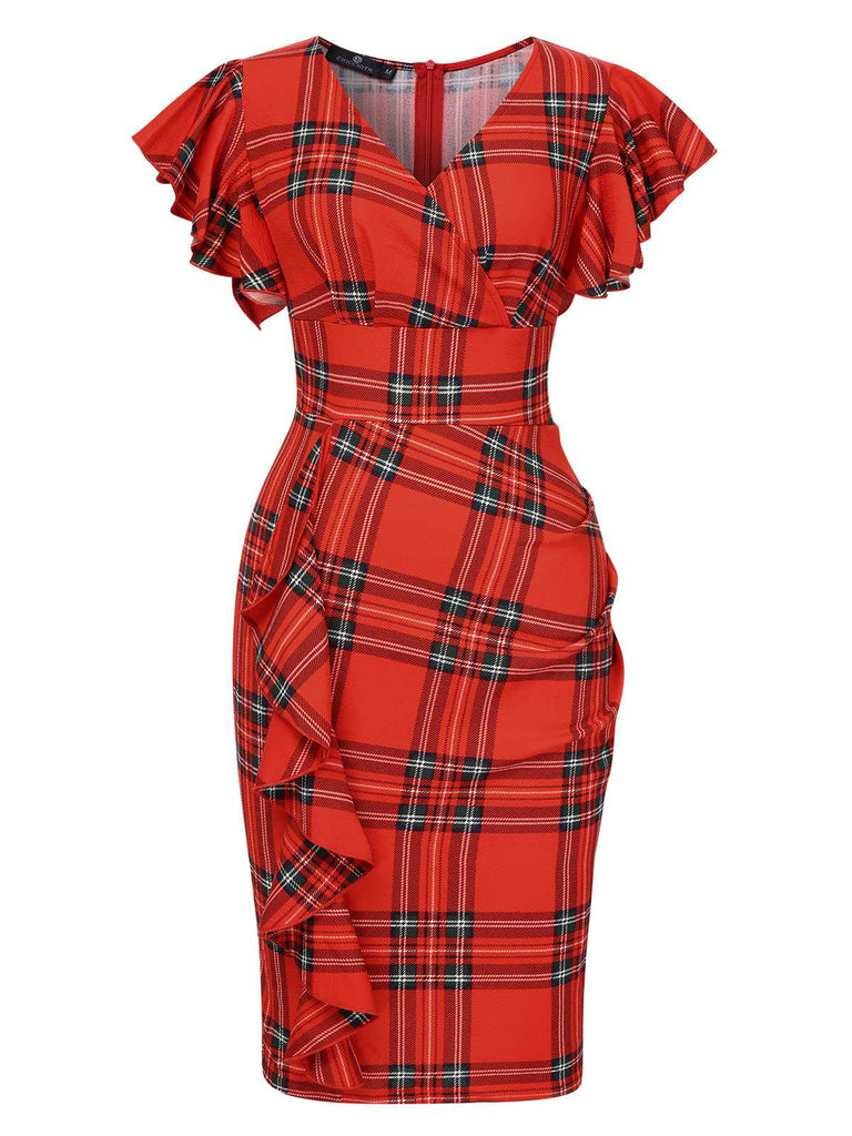 Red 1960s Christmas Tartan Plaid Pencil Dress