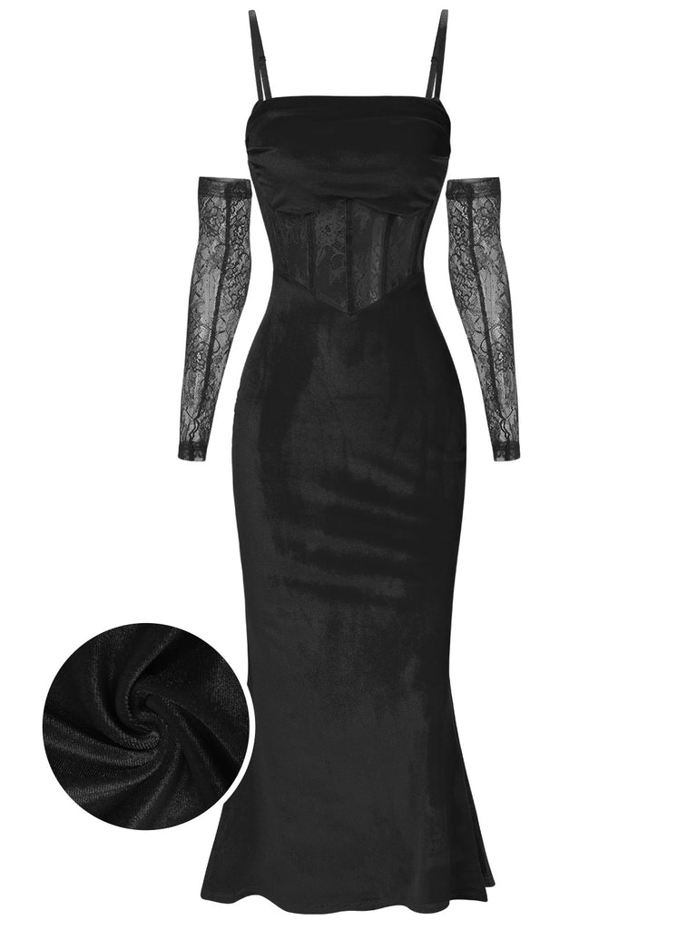 1930s Solid Lace Patchwork Velvet Fishtail Dress