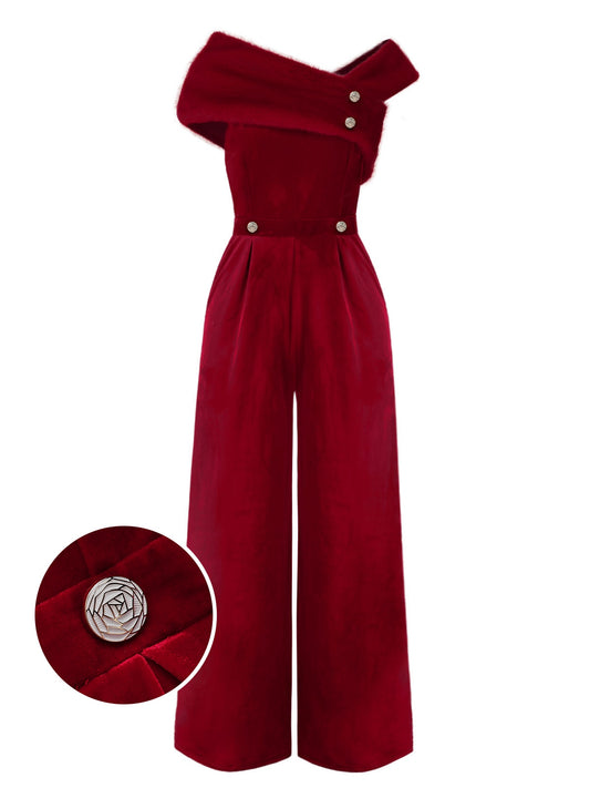 Red 1950s Velvet Off Shoulder Button Jumpsuit