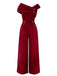 Red 1950s Velvet Off Shoulder Button Jumpsuit