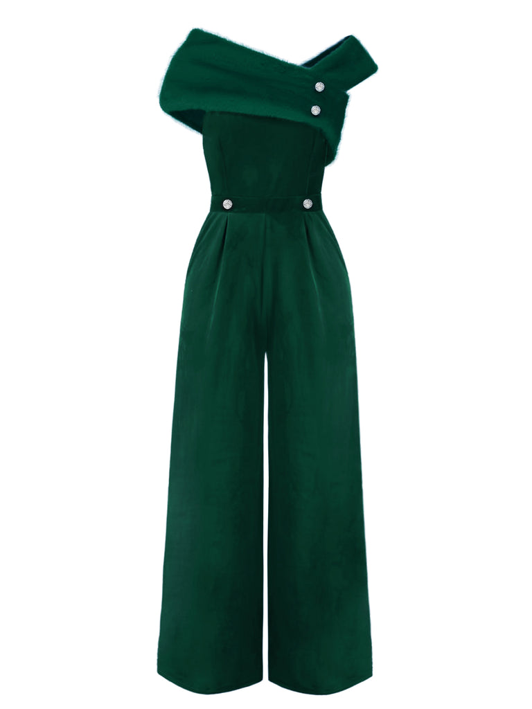 [Pre-Sale] Green 1950s Velvet Off Shoulder Button Jumpsuit