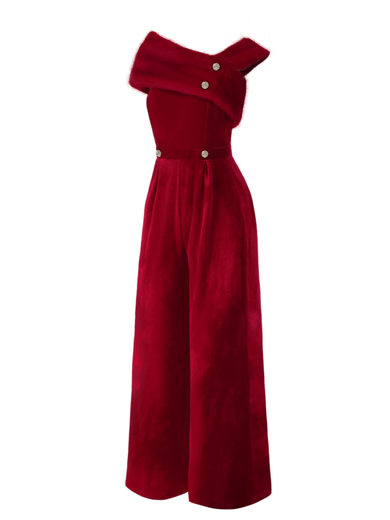 Red 1950s Velvet Off Shoulder Button Jumpsuit