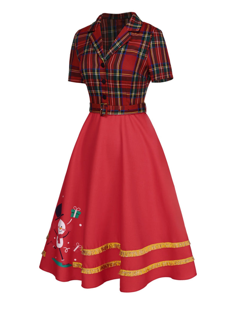 [Pre-Sale] Red 1950s Christmas Plaid Snowman Lapel Dress