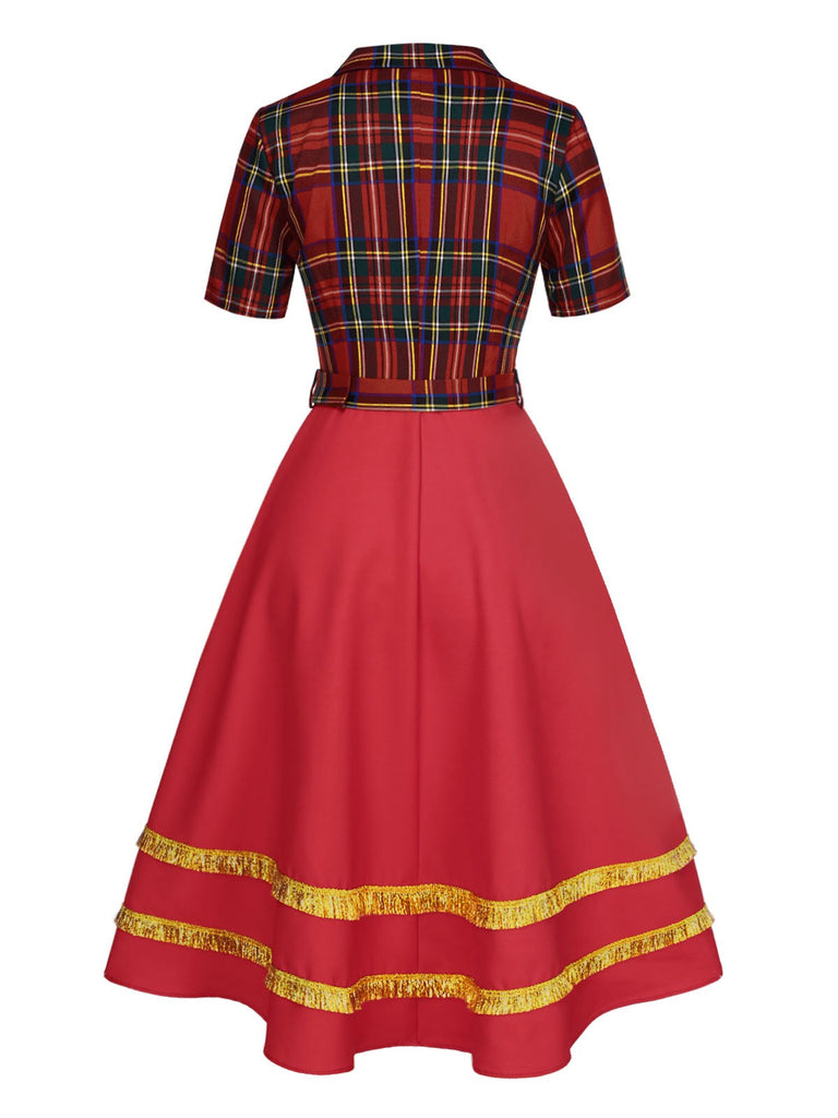 [Pre-Sale] Red 1950s Christmas Plaid Snowman Lapel Dress