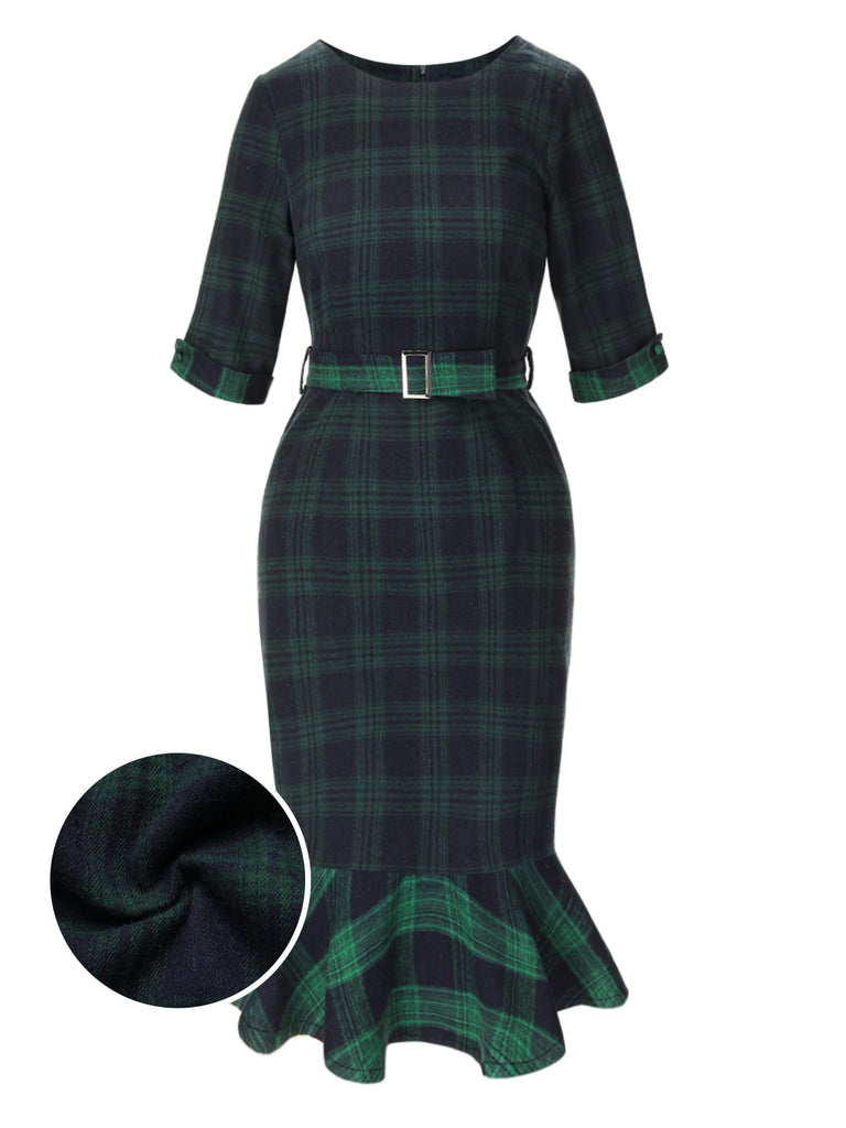 [Pre-Sale] 1930s Crew Neck Tartan Plaid Belted Mermaid Dress