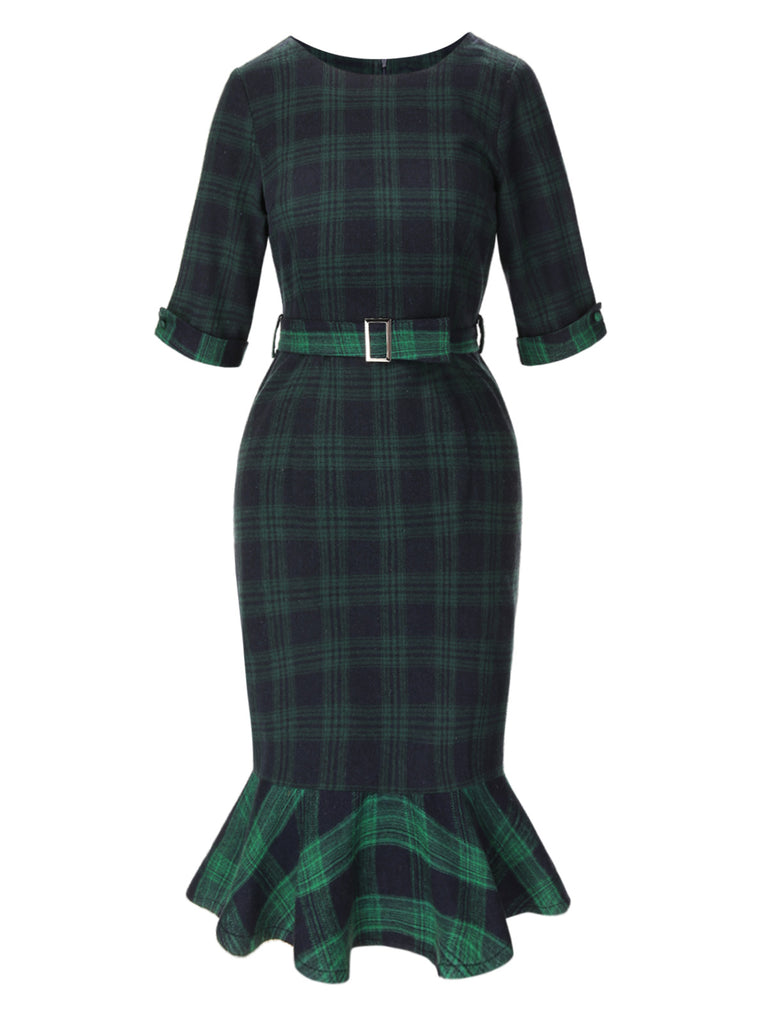 [Pre-Sale] 1930s Crew Neck Tartan Plaid Belted Mermaid Dress