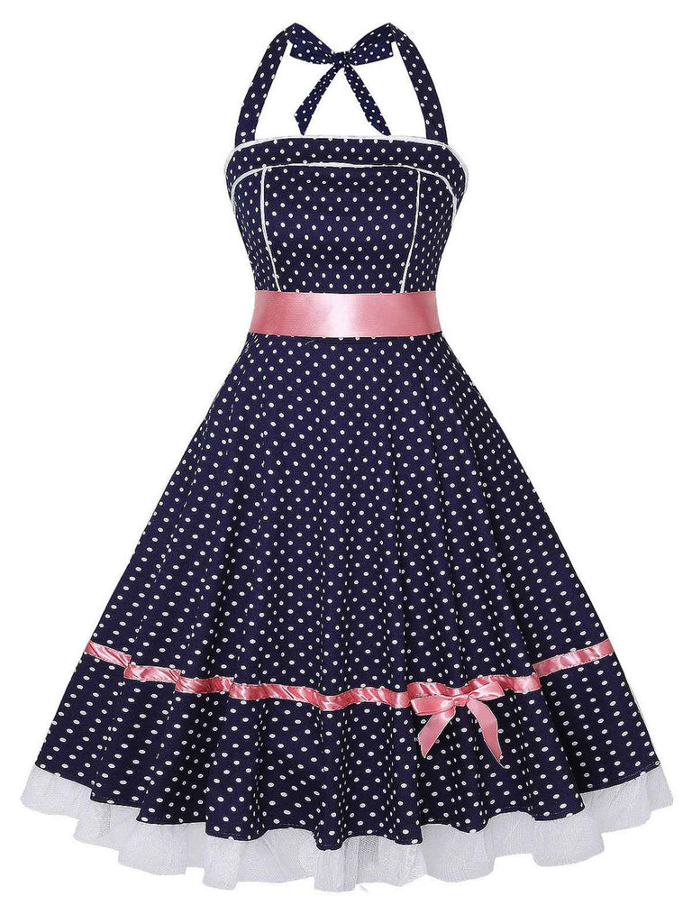 Navy Blue 1950s Polka Dot Halter Dress