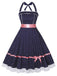 Navy Blue 1950s Polka Dot Halter Dress