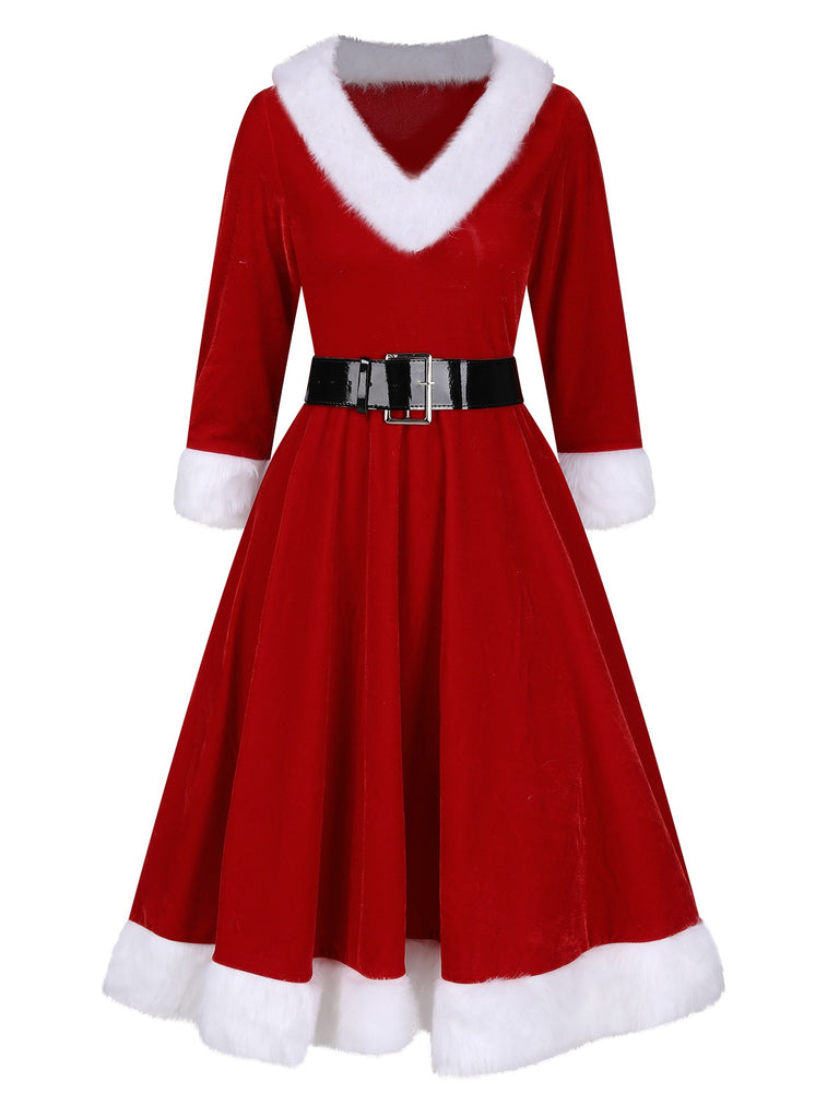 [Pre-Sale] Red 1940s Faux Fur Belted Dress