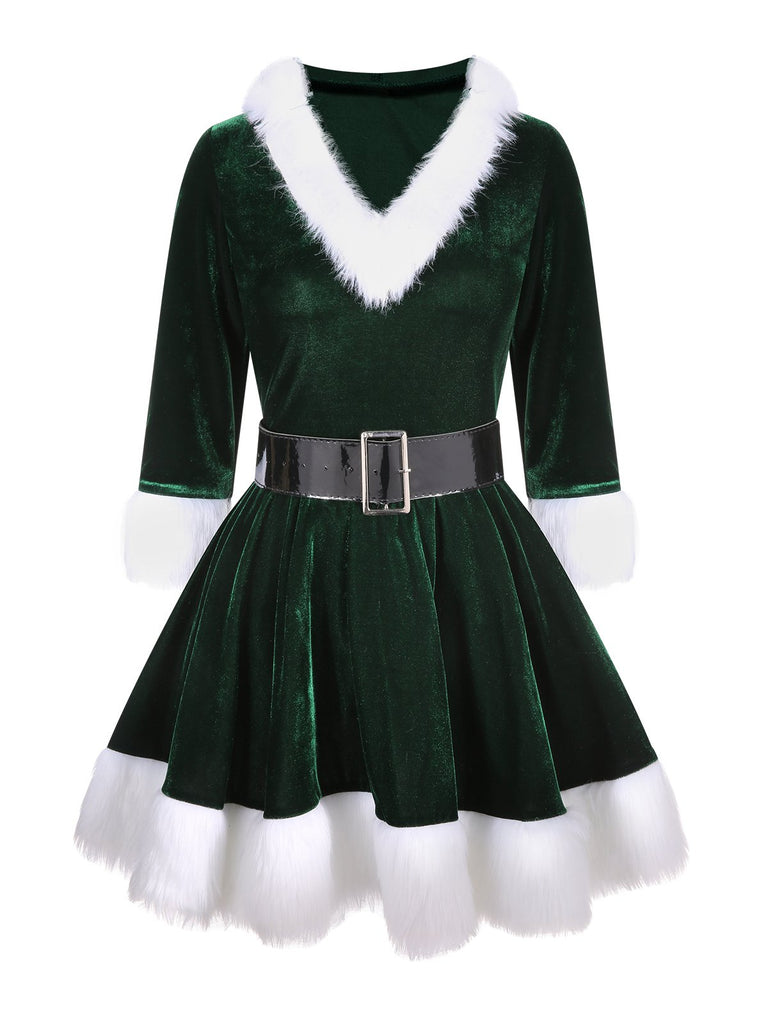 [Pre-Sale] Green 1960s Christmas Velvet Patchwork Hooded Dress