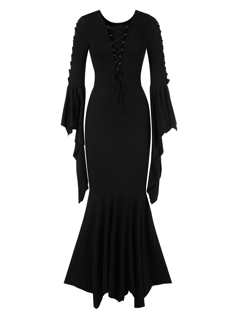 Black 1930s Solid Batwing Lace-Up Fishtail Dress