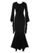 Black 1930s Solid Batwing Lace-Up Fishtail Dress