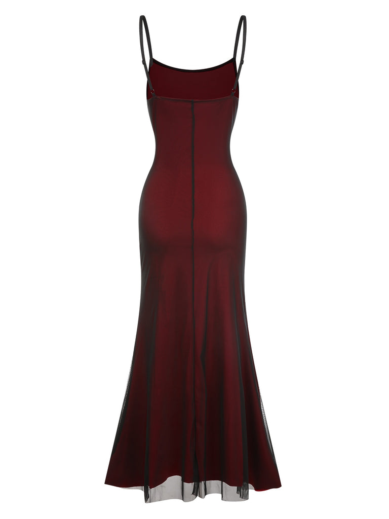 Wine Red 1930s Spaghetti Straps Double Layer Mesh Dress