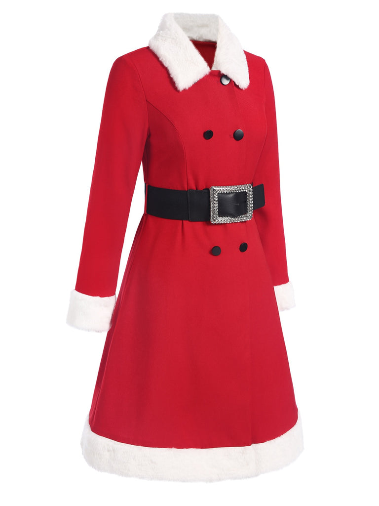 Red 1940s Plush Double-Breasted Belted Coat