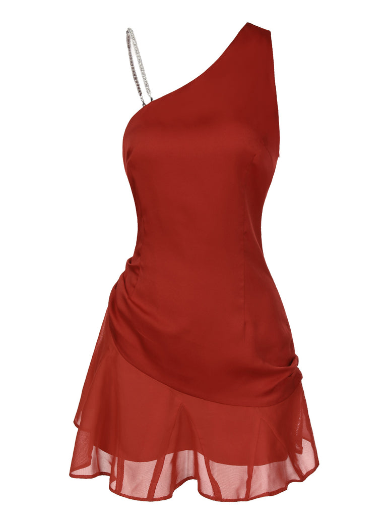 [Pre-Sale] Red 1970s One-Shoulder Rhinestone Strap Mesh Dress