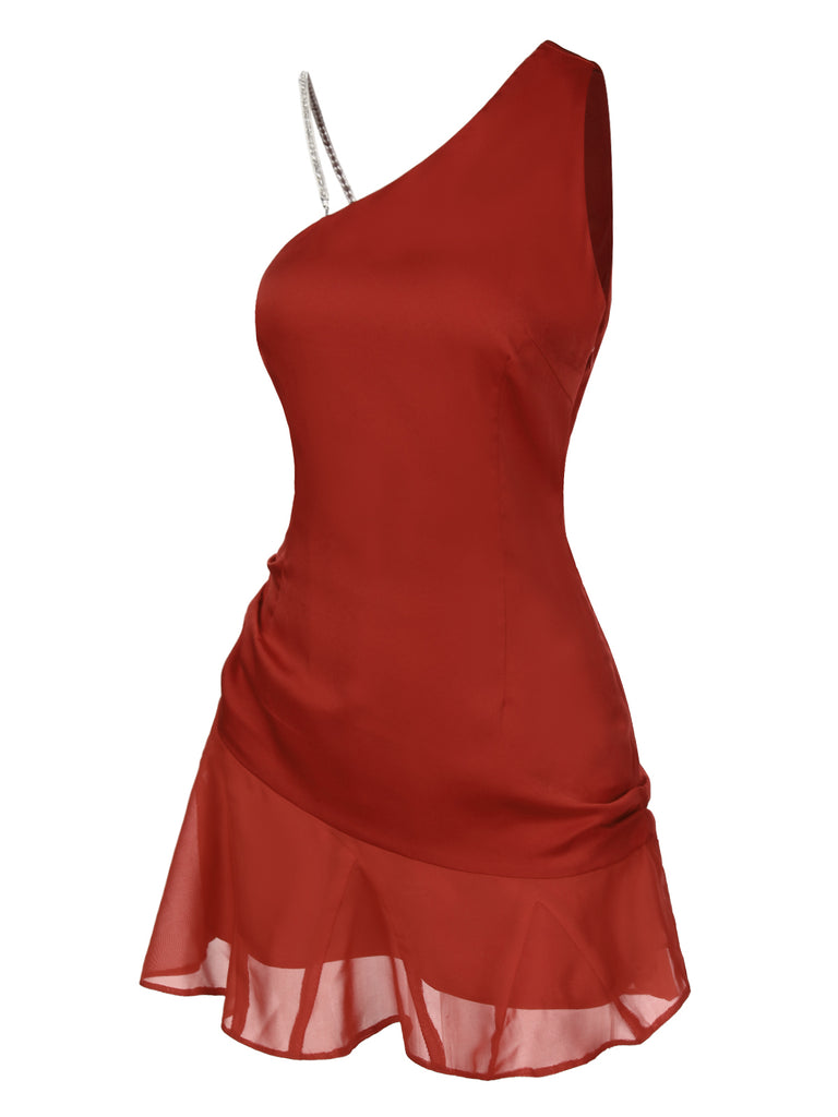 [Pre-Sale] Red 1970s One-Shoulder Rhinestone Strap Mesh Dress