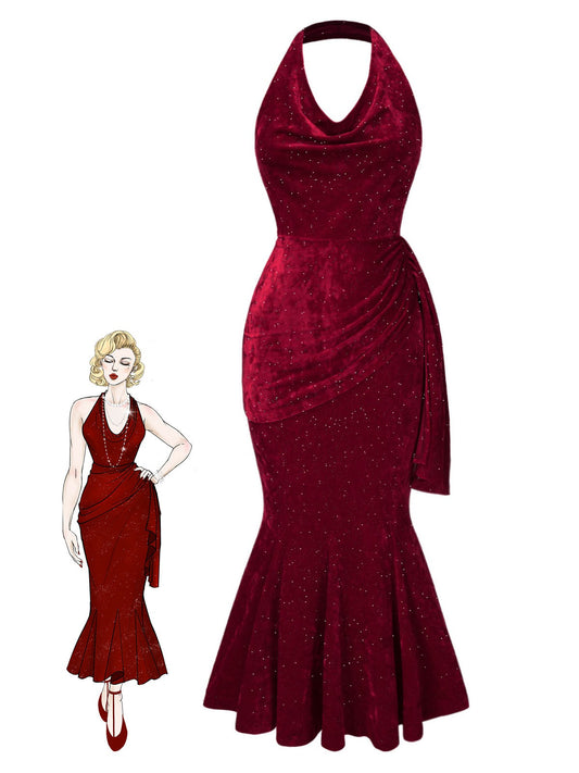 Deep Red 1930s Glitter Cowl Neck Mermaid Dress