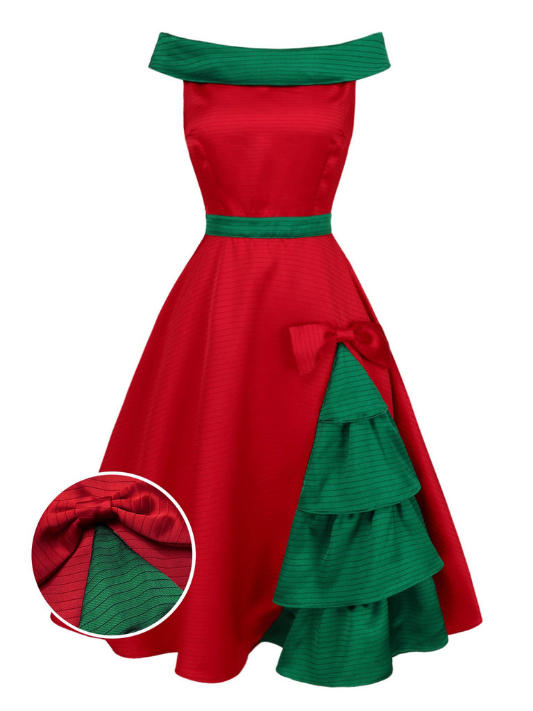 Red & Green 1950s Chrismtas Tree Off-Shoulder Dress