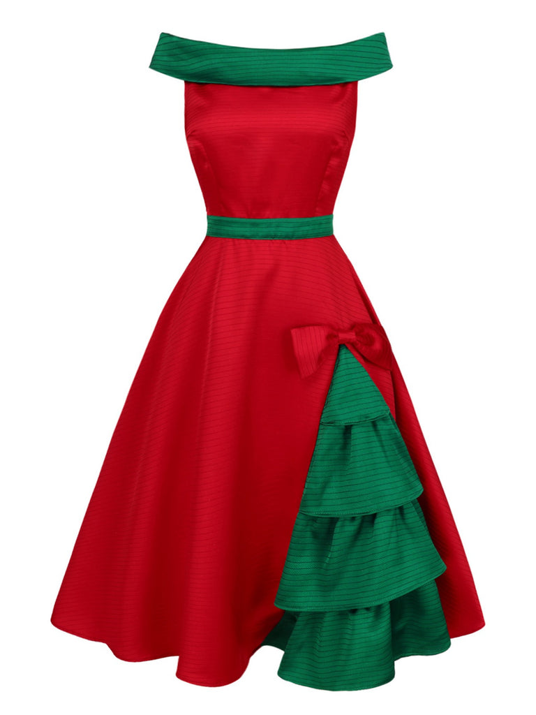 [Pre-Sale] Red & Green 1950s Chrismtas Tree Off-Shoulder Dress