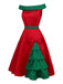 Red & Green 1950s Chrismtas Tree Off-Shoulder Dress