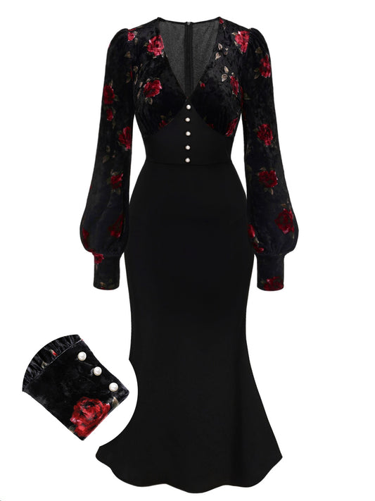 Black 1930s Rose Velvet Fishtail Dress