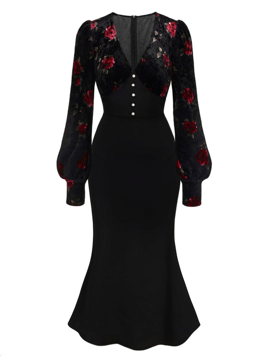 Black 1930s Rose Velvet Fishtail Dress