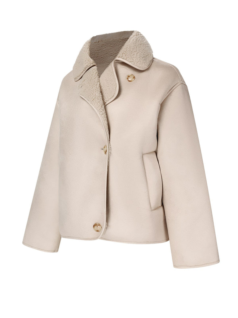 Beige 1960s Solid Polar Fleece Lining Coat