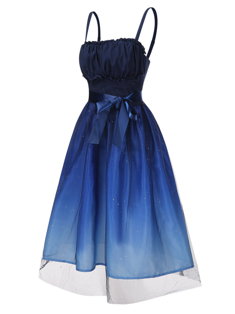 Blue 1950s Gradient Mesh Waist Smocked Dress