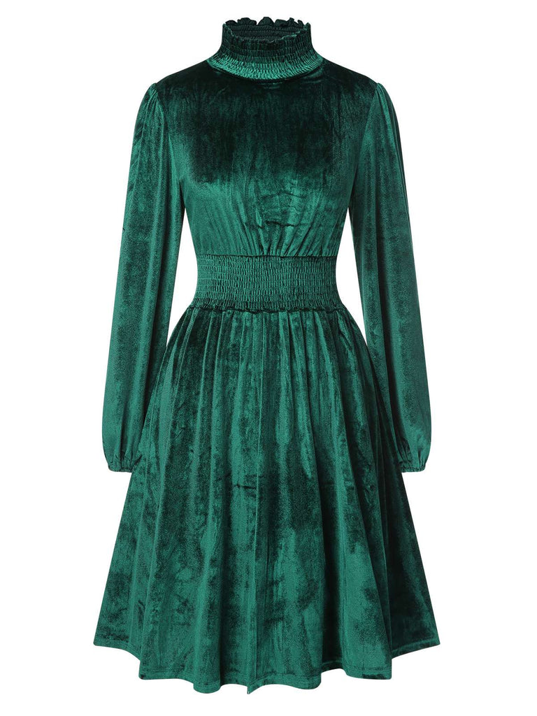 1940s Solid Stand Collar Velvet Dress