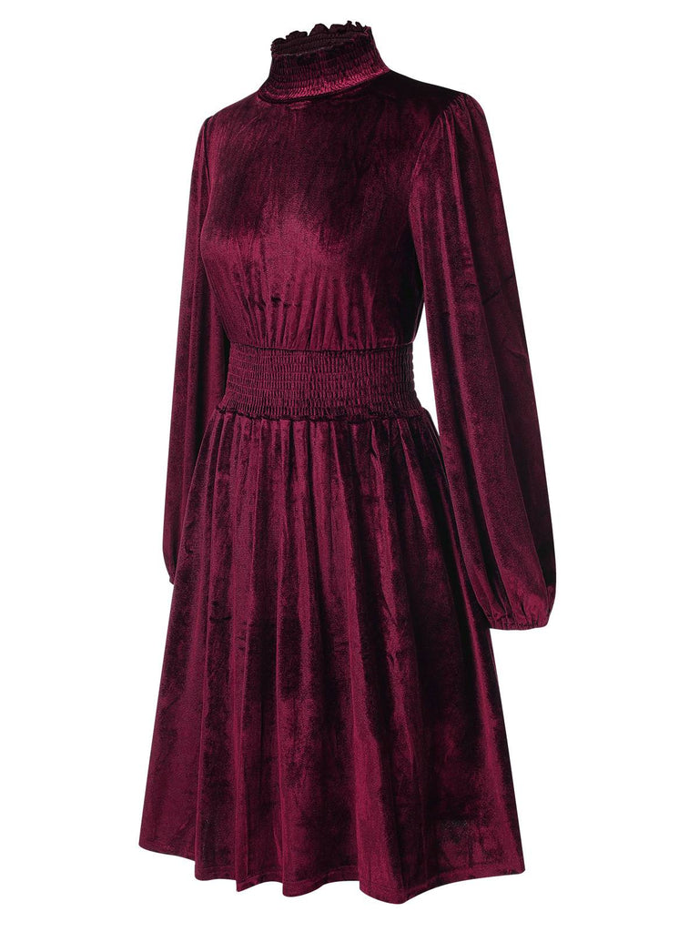 1940s Solid Stand Collar Velvet Dress