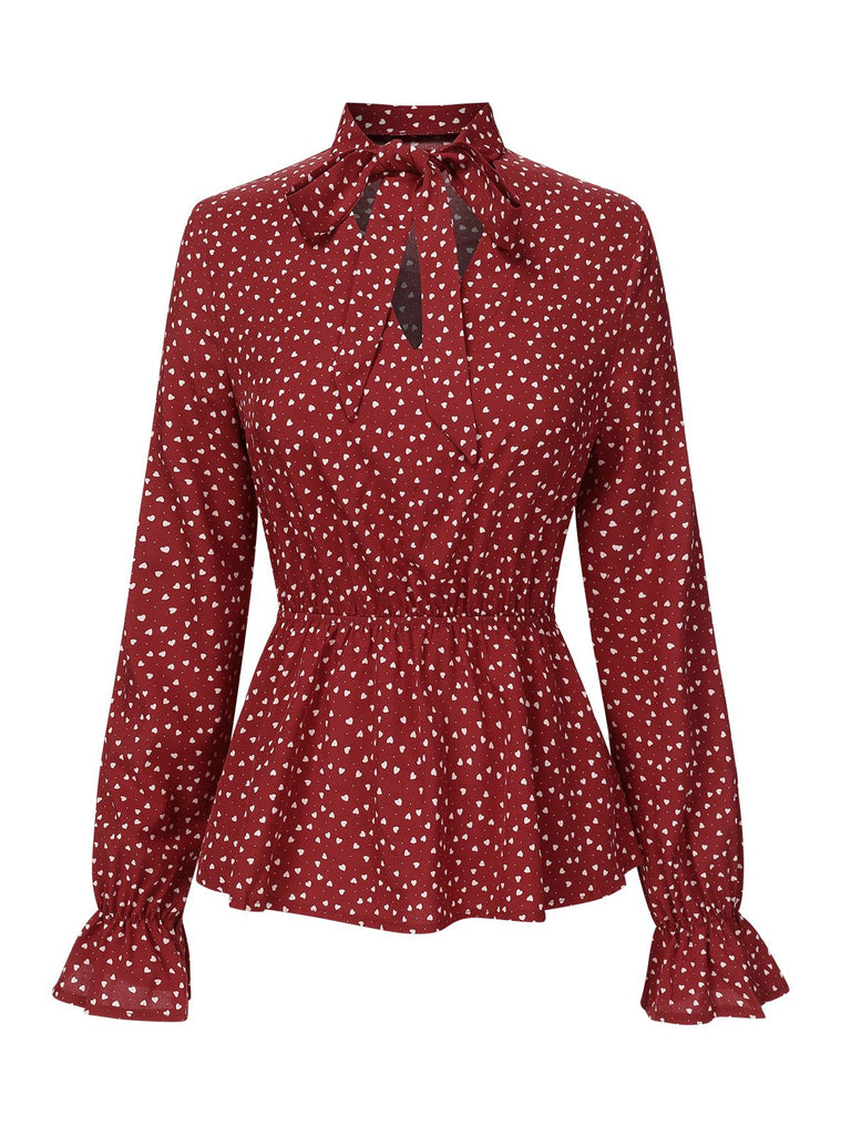 Red 1940s Polka Dot Lace-Up Chiffon Blouse