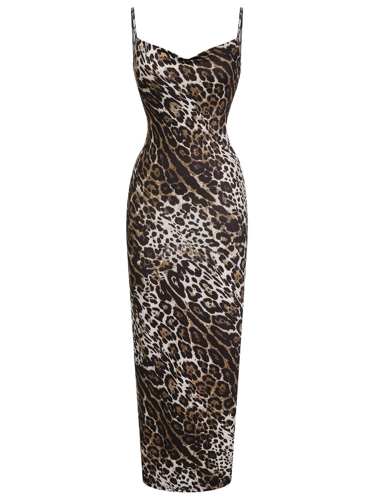 Brown 1960s Leopard Spaghetti Straps Backless Dress