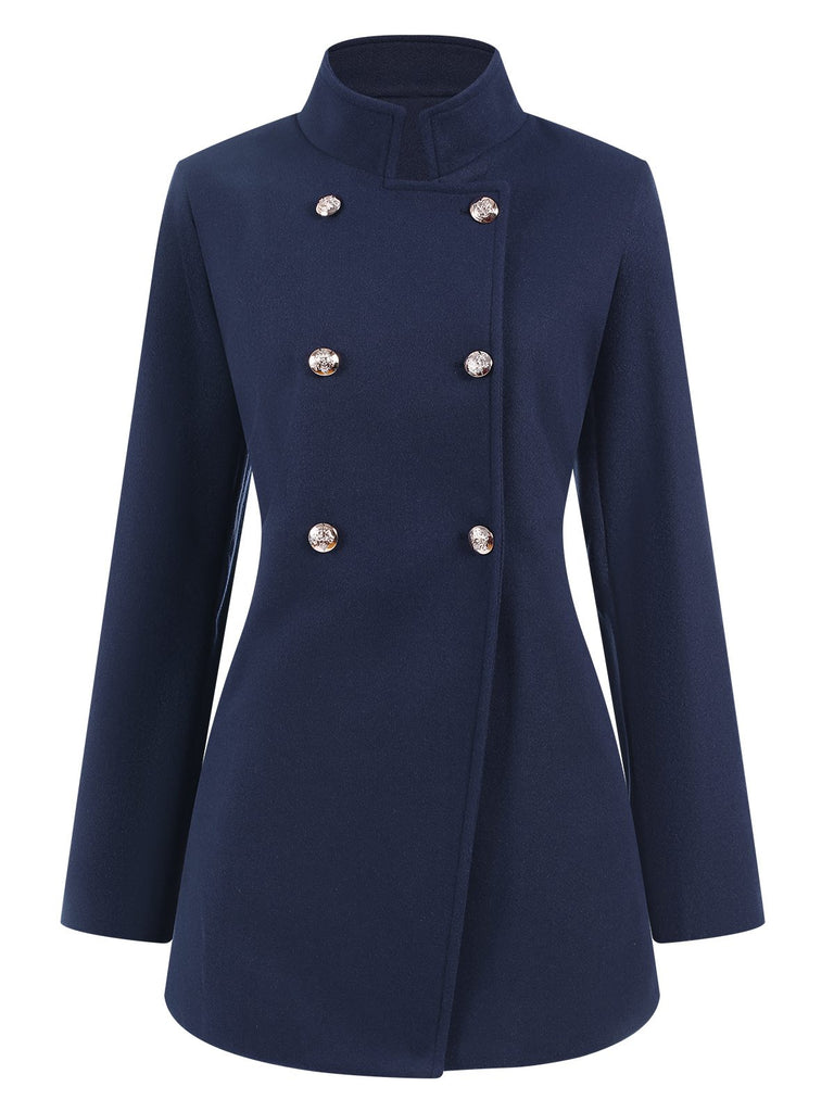 Blue 1940s Solid Stand Collar Double Breasted Coat