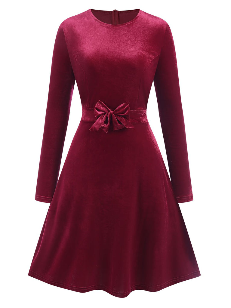 1940s Velvet Solid Long Sleeve Bow Dress