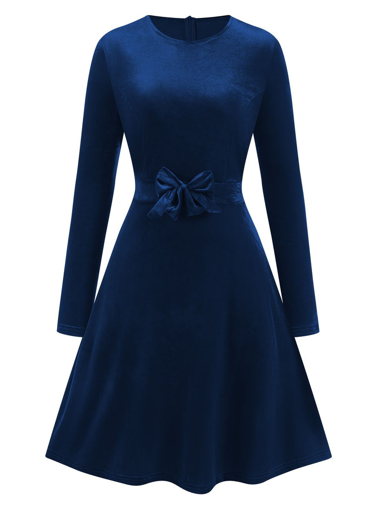 1940s Velvet Solid Long Sleeve Bow Dress