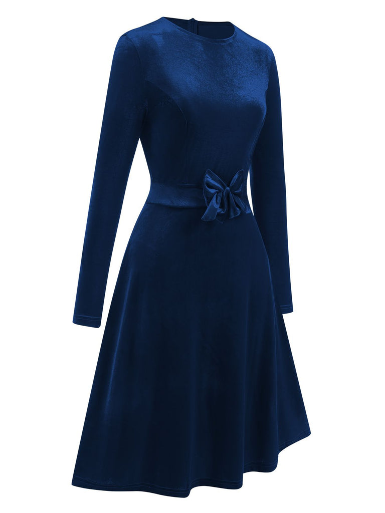 1940s Velvet Solid Long Sleeve Bow Dress