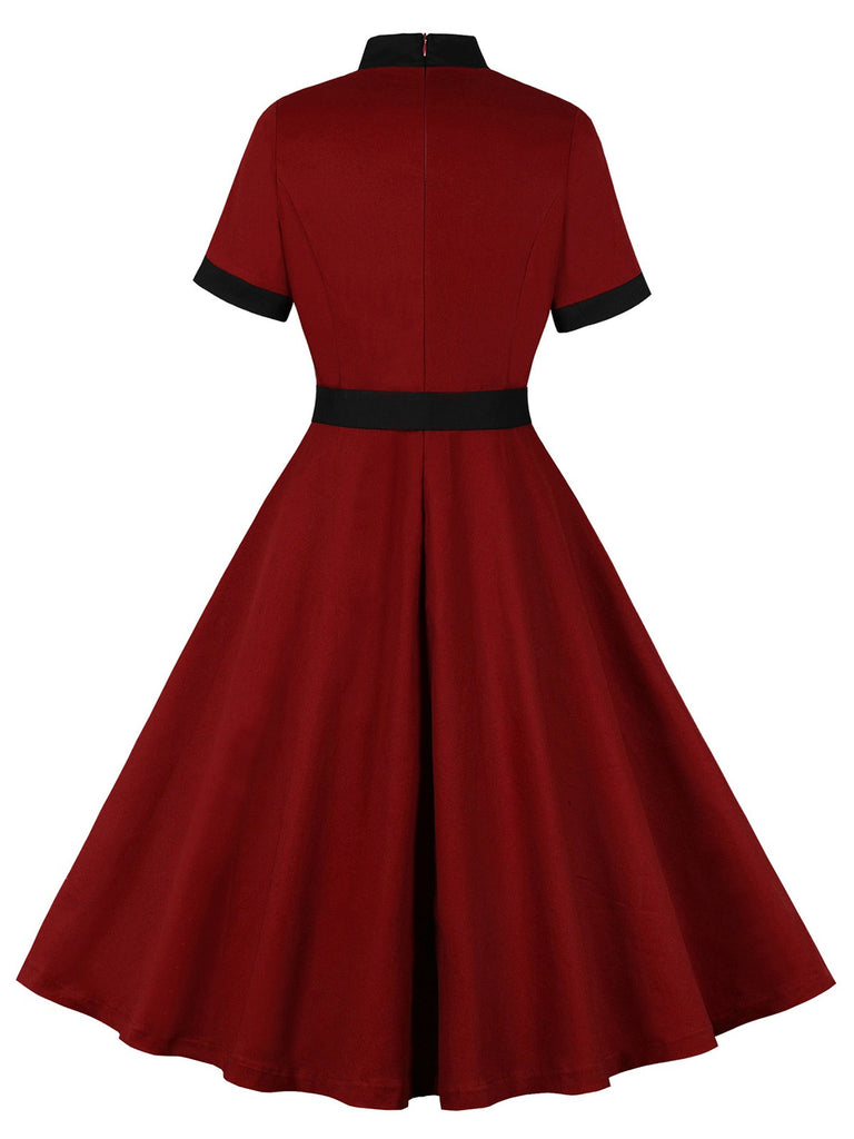 Wine Red 1950s Tie Neck Contrast Patchwork Dress