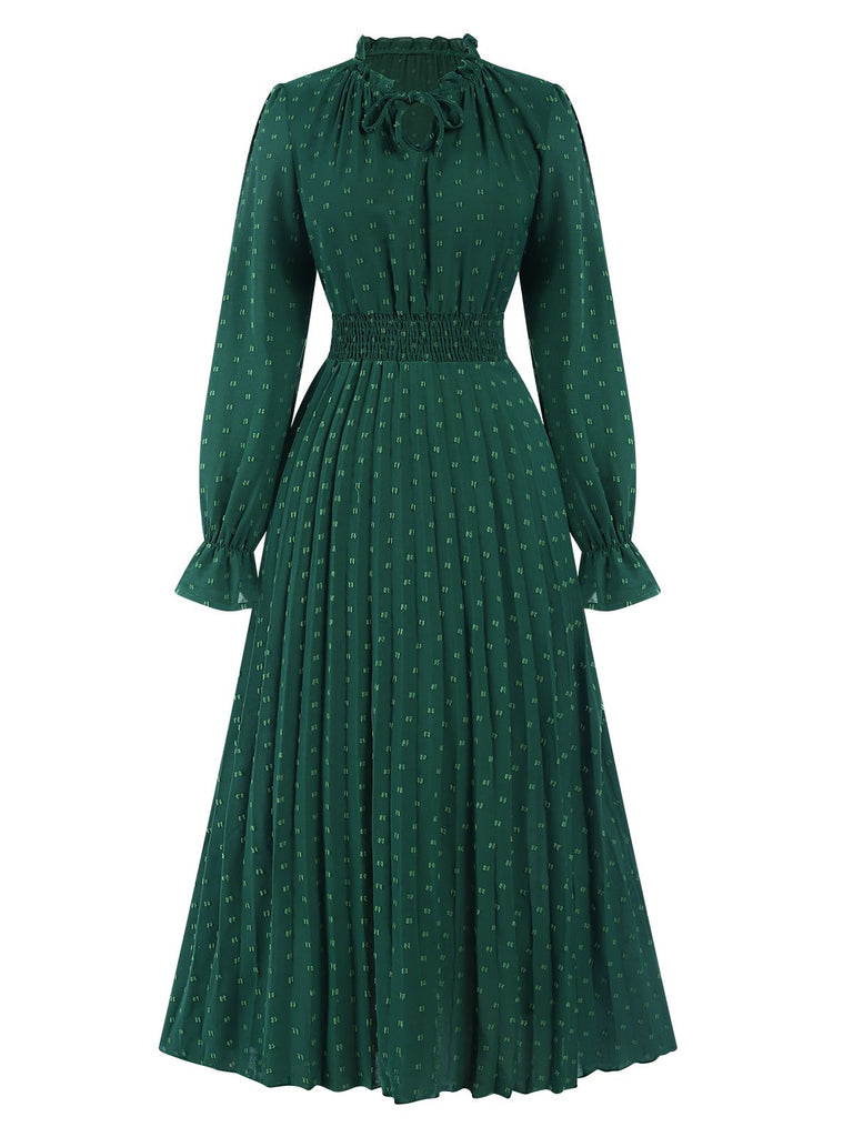 Dark Green 1940s Lantern Sleeve Ruffles Dress