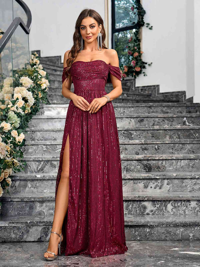 Wine Red 1920s Sequined Side Slit Maxi Dress