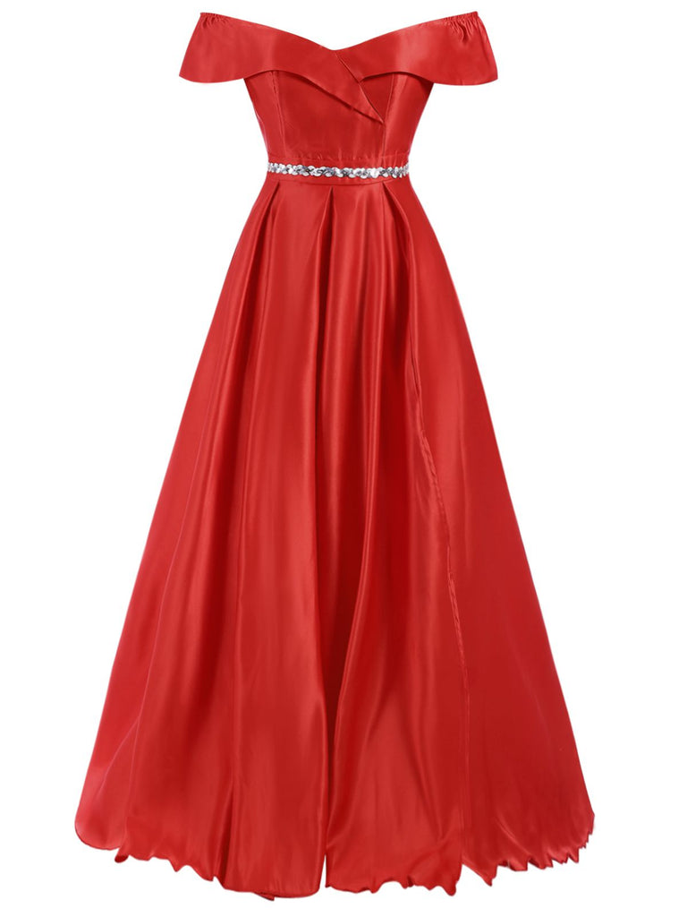 Red 1950s Off-Shoulder Maxi Evening Dress