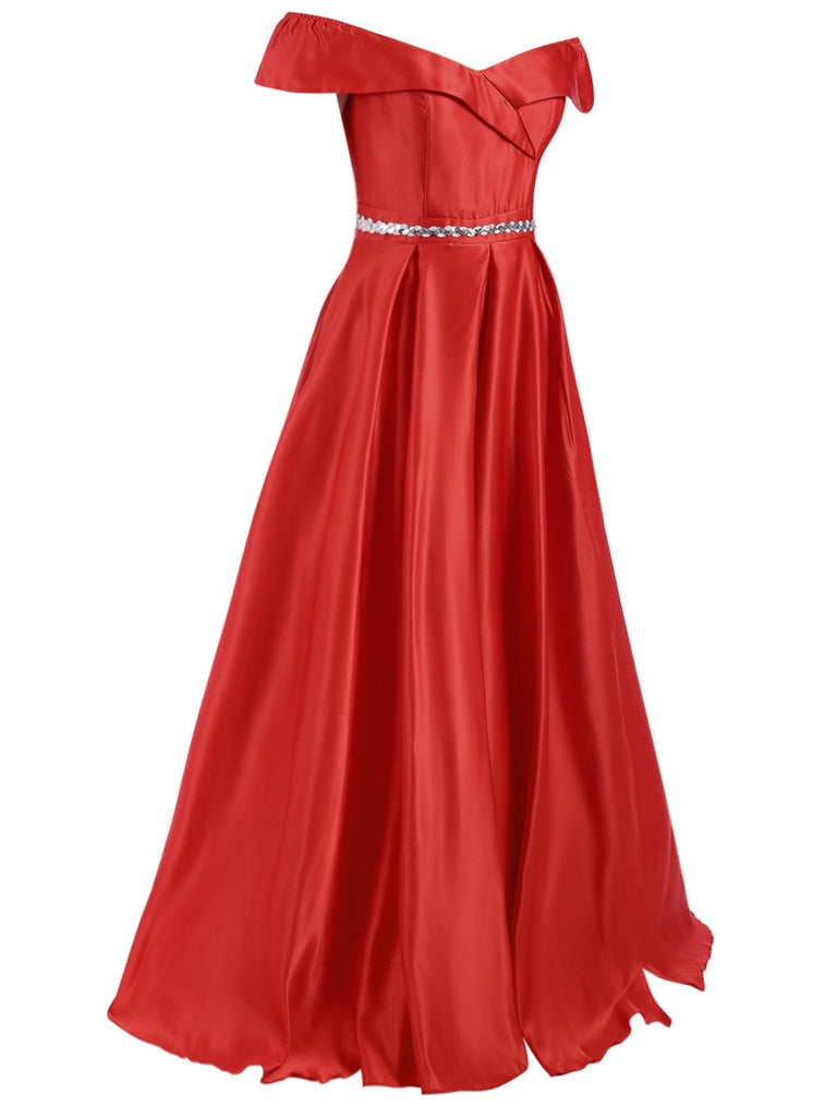 Red 1950s Off-Shoulder Maxi Evening Dress