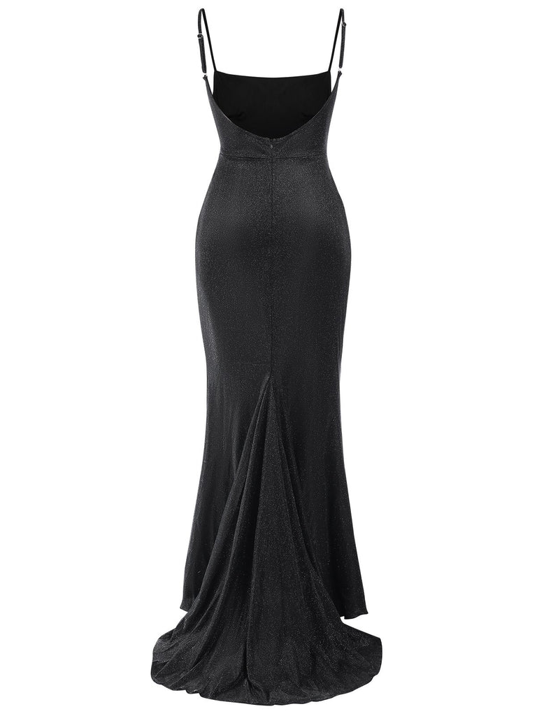 Black 1920s Glitter Floor-Length Straps Dress