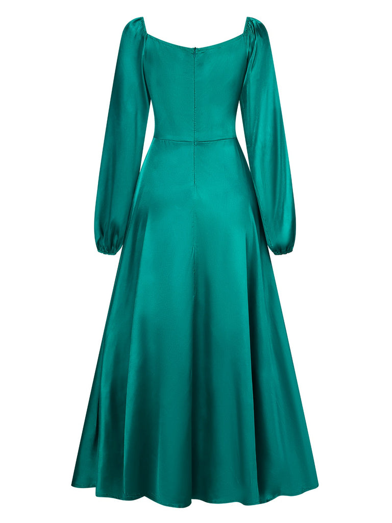 1940s Solid Square Neck Pleated Dress