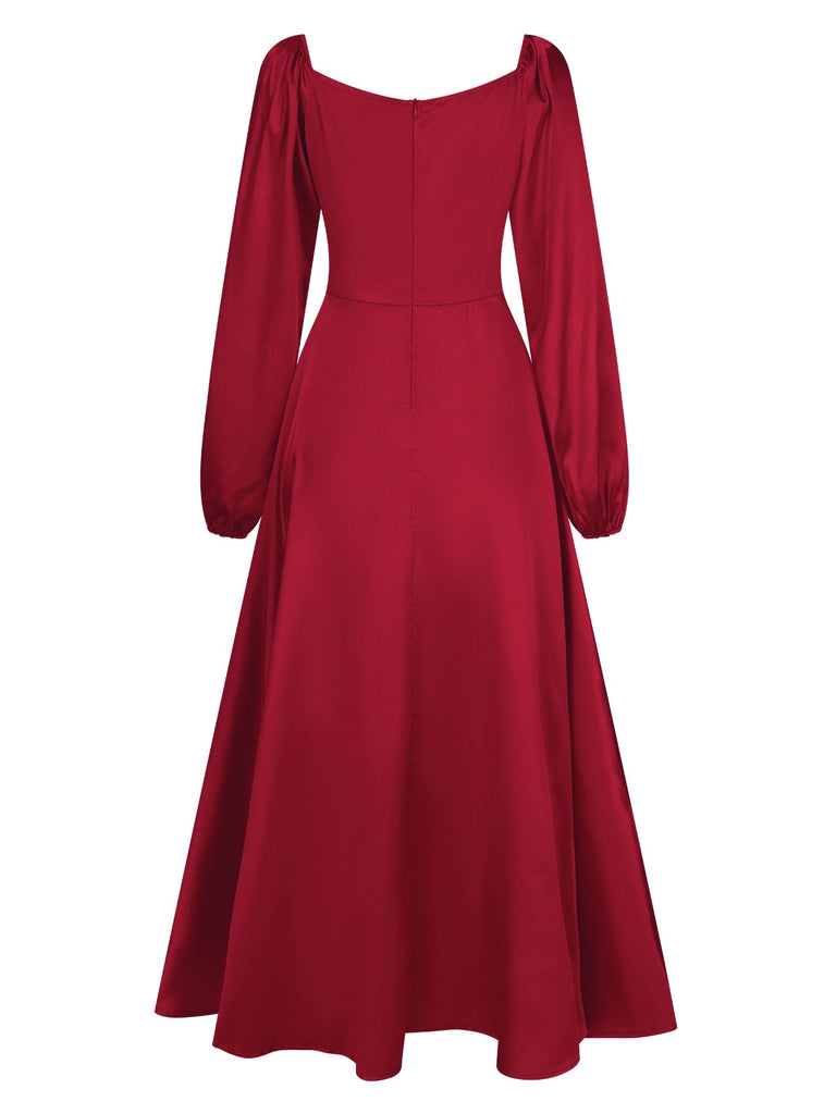 1940s Solid Square Neck Pleated Dress