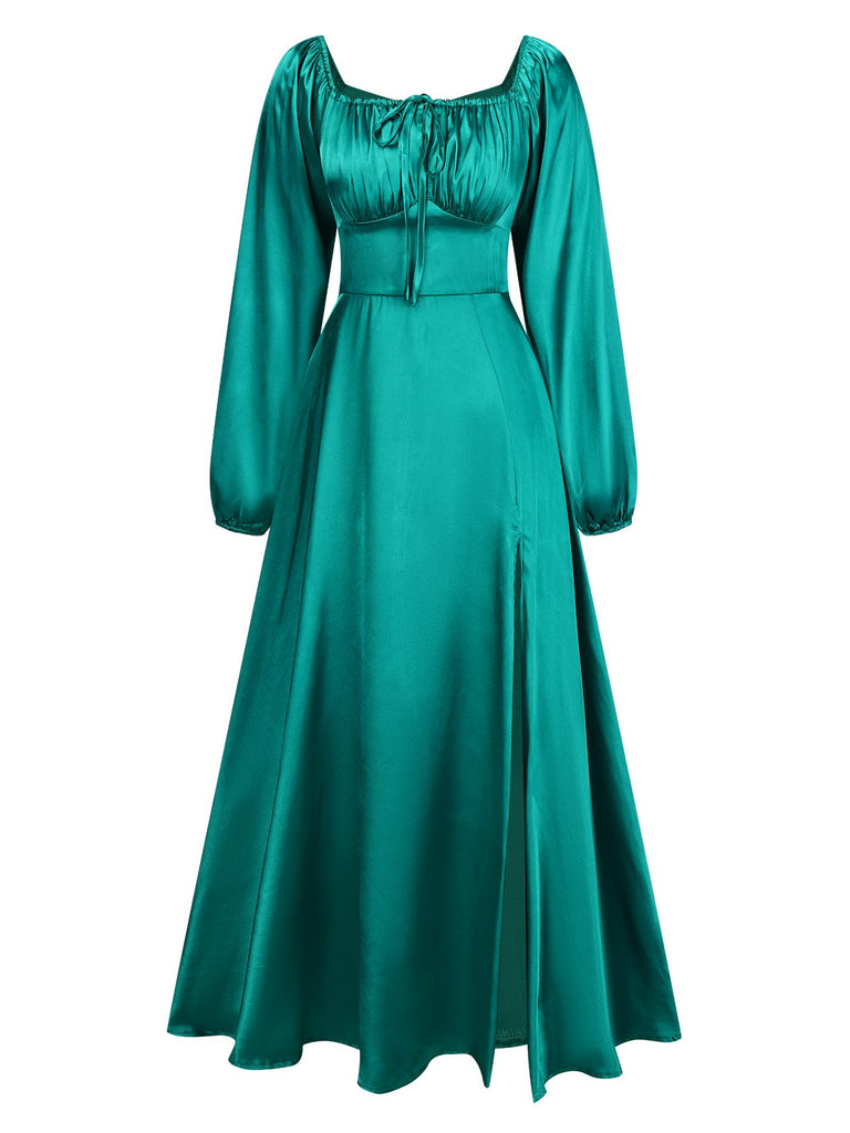 1940s Solid Square Neck Pleated Dress