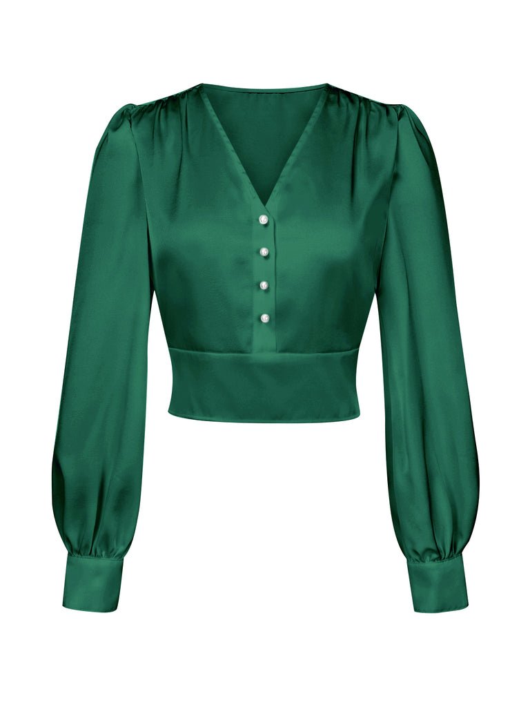 [Pre-Sale] Green 1940s Satin V-Neck Lantern Sleeves Blouse